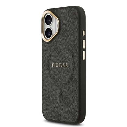 iPhone 17 Kılıf Guess Orijinal Lisanslı M-safe Şarj Özellikli Gold Metal Kamera Çerçeveli PU Deri 4G Desenli Yazı Logolu Kılıf