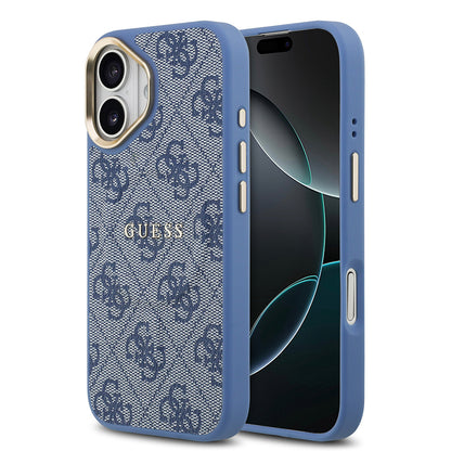 iPhone 17 Kılıf Guess Orijinal Lisanslı M-safe Şarj Özellikli Gold Metal Kamera Çerçeveli PU Deri 4G Desenli Yazı Logolu Kılıf