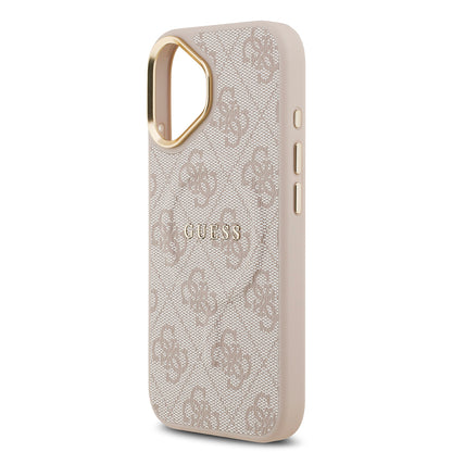 iPhone 17 Kılıf Guess Orijinal Lisanslı M-safe Şarj Özellikli Gold Metal Kamera Çerçeveli PU Deri 4G Desenli Yazı Logolu Kılıf