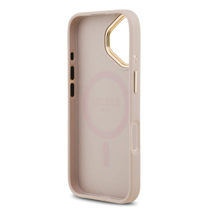 iPhone 17 Kılıf Guess Orijinal Lisanslı M-safe Şarj Özellikli Gold Metal Kamera Çerçeveli PU Deri 4G Desenli Yazı Logolu Kılıf