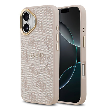 iPhone 17 Kılıf Guess Orijinal Lisanslı M-safe Şarj Özellikli Gold Metal Kamera Çerçeveli PU Deri 4G Desenli Yazı Logolu Kılıf