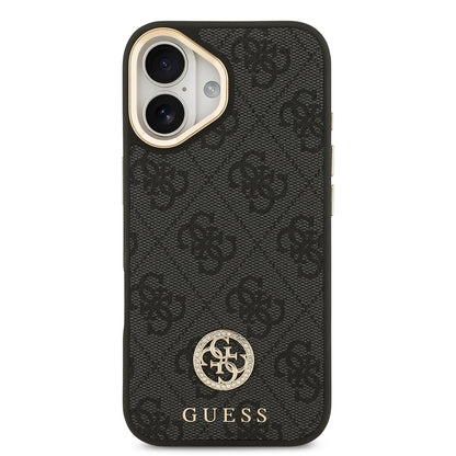 iPhone 17 Kılıf Guess Orijinal Lisanslı M-safe Şarj Özellikli Gold Metal Kamera Çerçeveli Taşlı 4G Logolu Kılıf
