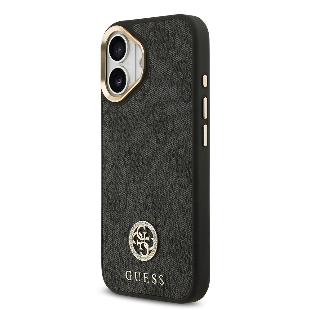 iPhone 17 Kılıf Guess Orijinal Lisanslı M-safe Şarj Özellikli Gold Metal Kamera Çerçeveli Taşlı 4G Logolu Kılıf
