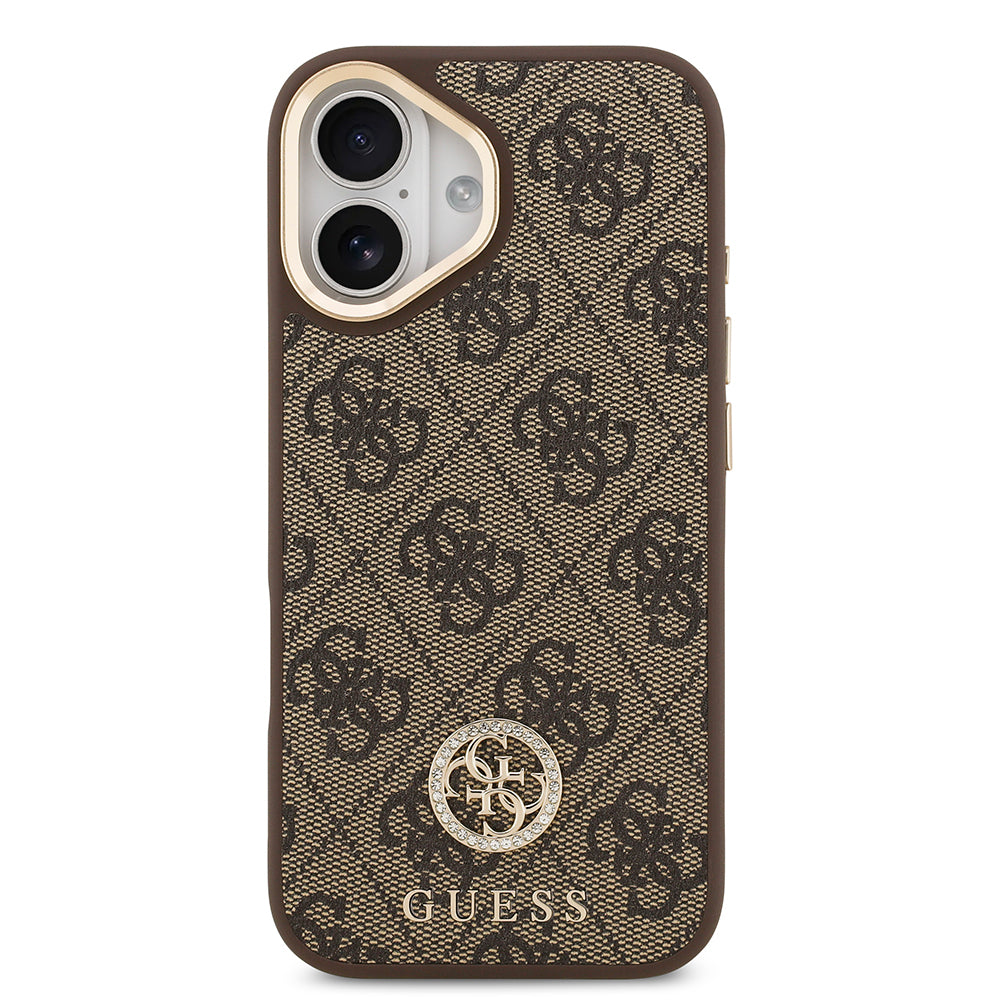 iPhone 17 Kılıf Guess Orijinal Lisanslı M-safe Şarj Özellikli Gold Metal Kamera Çerçeveli Taşlı 4G Logolu Kılıf