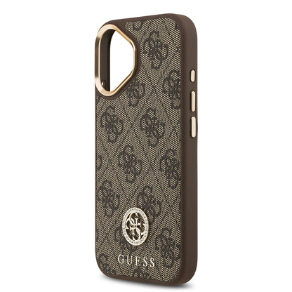 iPhone 17 Kılıf Guess Orijinal Lisanslı M-safe Şarj Özellikli Gold Metal Kamera Çerçeveli Taşlı 4G Logolu Kılıf