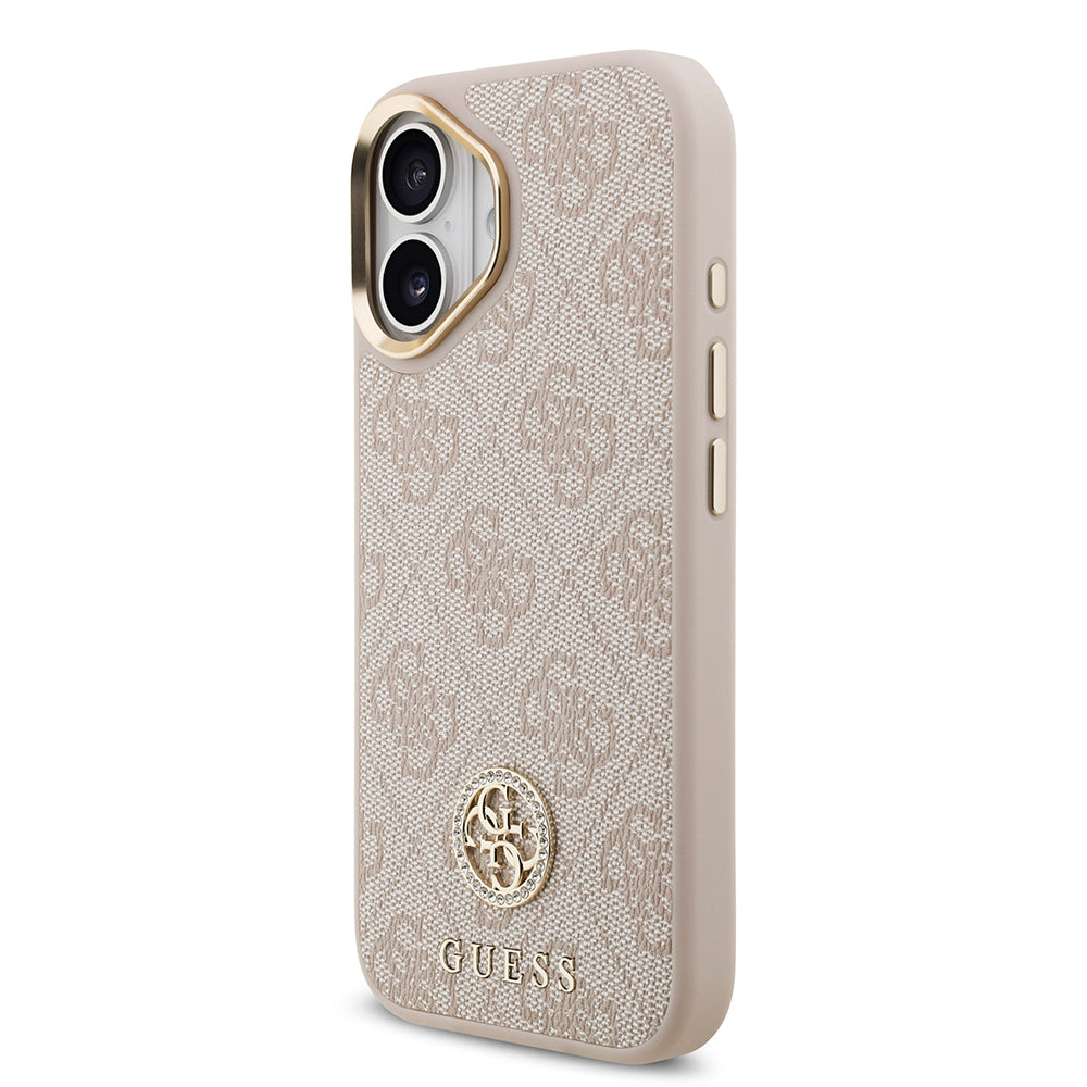 iPhone 17 Kılıf Guess Orijinal Lisanslı M-safe Şarj Özellikli Gold Metal Kamera Çerçeveli Taşlı 4G Logolu Kılıf
