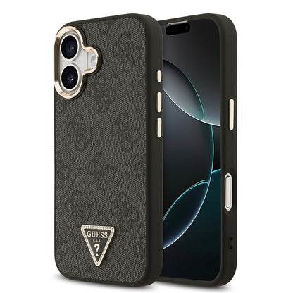 iPhone 17 Kılıf Guess Orijinal Lisanslı M-safe Şarj Özellikli Gold Metal Kamera Çerçeveli Taşlı Üçgen Logo 4G Desenli Kılıf