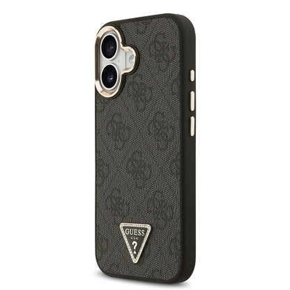 iPhone 17 Kılıf Guess Orijinal Lisanslı M-safe Şarj Özellikli Gold Metal Kamera Çerçeveli Taşlı Üçgen Logo 4G Desenli Kılıf