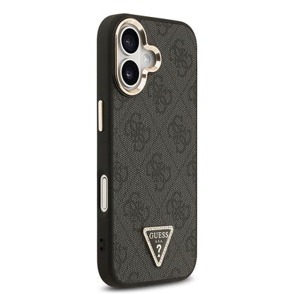 iPhone 17 Kılıf Guess Orijinal Lisanslı M-safe Şarj Özellikli Gold Metal Kamera Çerçeveli Taşlı Üçgen Logo 4G Desenli Kılıf