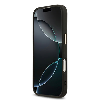 iPhone 17 Kılıf Guess Orijinal Lisanslı M-safe Şarj Özellikli Gold Metal Kamera Çerçeveli Taşlı Üçgen Logo 4G Desenli Kılıf