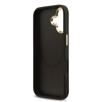 iPhone 17 Kılıf Guess Orijinal Lisanslı M-safe Şarj Özellikli Gold Metal Kamera Çerçeveli Taşlı Üçgen Logo 4G Desenli Kılıf