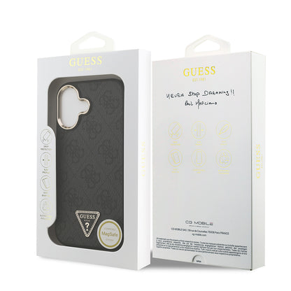 iPhone 17 Kılıf Guess Orijinal Lisanslı M-safe Şarj Özellikli Gold Metal Kamera Çerçeveli Taşlı Üçgen Logo 4G Desenli Kılıf