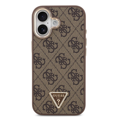 iPhone 17 Kılıf Guess Orijinal Lisanslı M-safe Şarj Özellikli Gold Metal Kamera Çerçeveli Taşlı Üçgen Logo 4G Desenli Kılıf