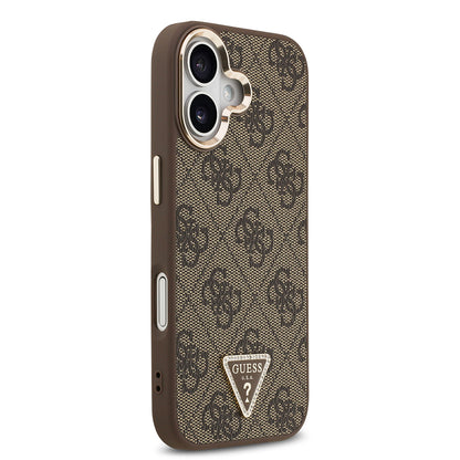 iPhone 17 Kılıf Guess Orijinal Lisanslı M-safe Şarj Özellikli Gold Metal Kamera Çerçeveli Taşlı Üçgen Logo 4G Desenli Kılıf
