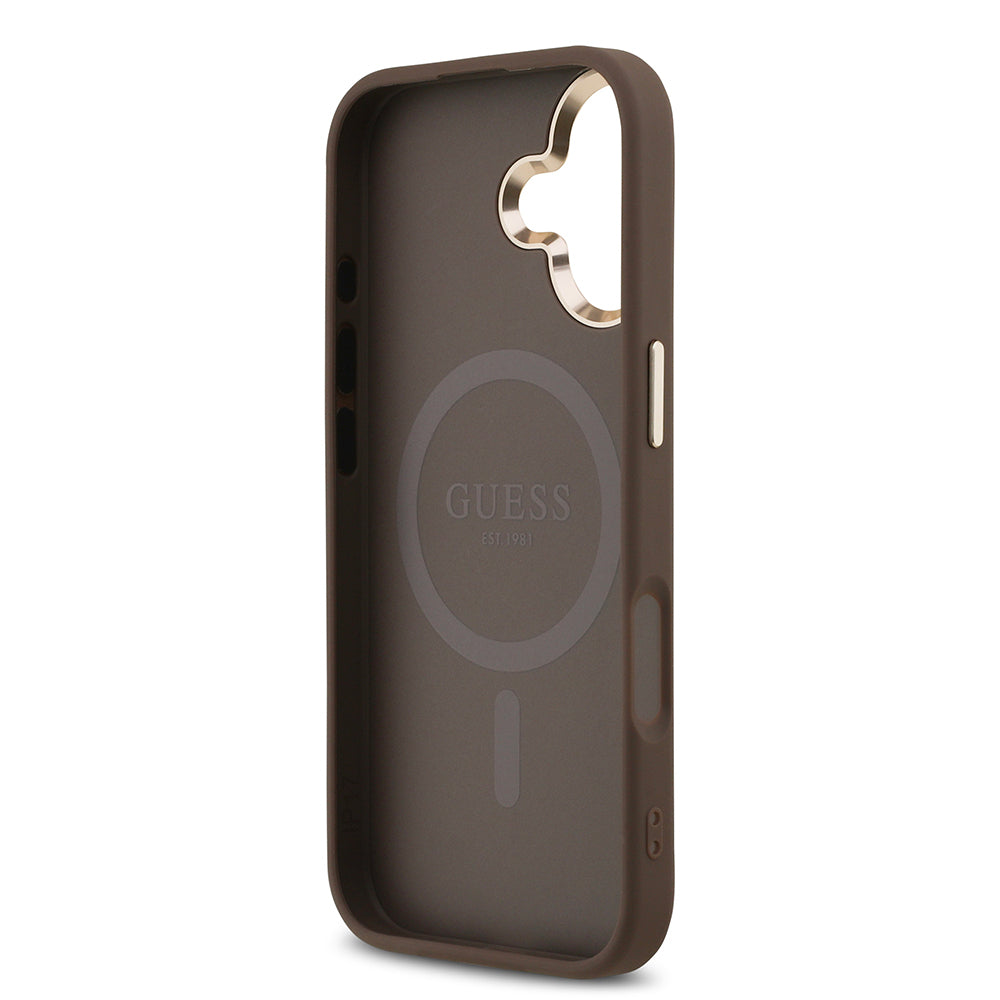 iPhone 17 Kılıf Guess Orijinal Lisanslı M-safe Şarj Özellikli Gold Metal Kamera Çerçeveli Taşlı Üçgen Logo 4G Desenli Kılıf