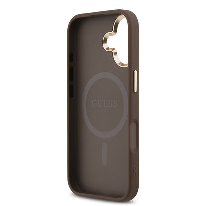 iPhone 17 Kılıf Guess Orijinal Lisanslı M-safe Şarj Özellikli Gold Metal Kamera Çerçeveli Taşlı Üçgen Logo 4G Desenli Kılıf
