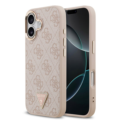 iPhone 17 Kılıf Guess Orijinal Lisanslı M-safe Şarj Özellikli Gold Metal Kamera Çerçeveli Taşlı Üçgen Logo 4G Desenli Kılıf