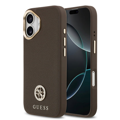 iPhone 17 Kılıf Guess Orijinal Lisanslı M-safe Şarj Özellikli Grained Yazı ve Taşlı 4G Logolu Kılıf