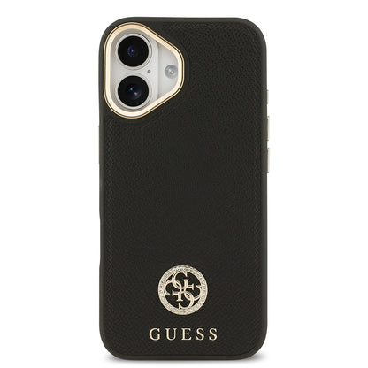 iPhone 17 Kılıf Guess Orijinal Lisanslı M-safe Şarj Özellikli Grained Yazı ve Taşlı 4G Logolu Kılıf