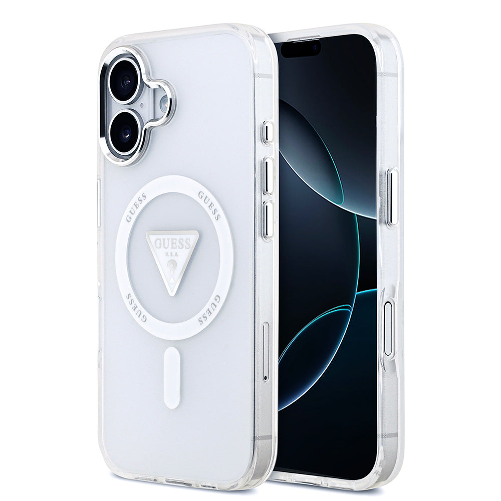 iPhone 17 Kılıf Guess Orijinal Lisanslı M-safe Şarj Özellikli IML Baskılı Üçgen Logolu Metal Kamera Çerçeveli Kılıf