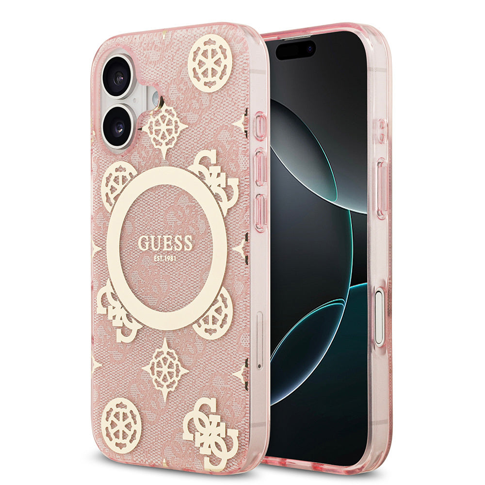 iPhone 17 Kılıf Guess Orijinal Lisanslı M-safe Şarj Özellikli IML Peony ve 4G Desenli Klasik Logolu Kılıf