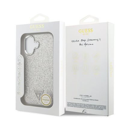 iPhone 17 Kılıf Guess Orijinal Lisanslı M-safe Şarj Özellikli Metal Kamera Çerçeveli Üçgen Logolu Glitter Kılıf