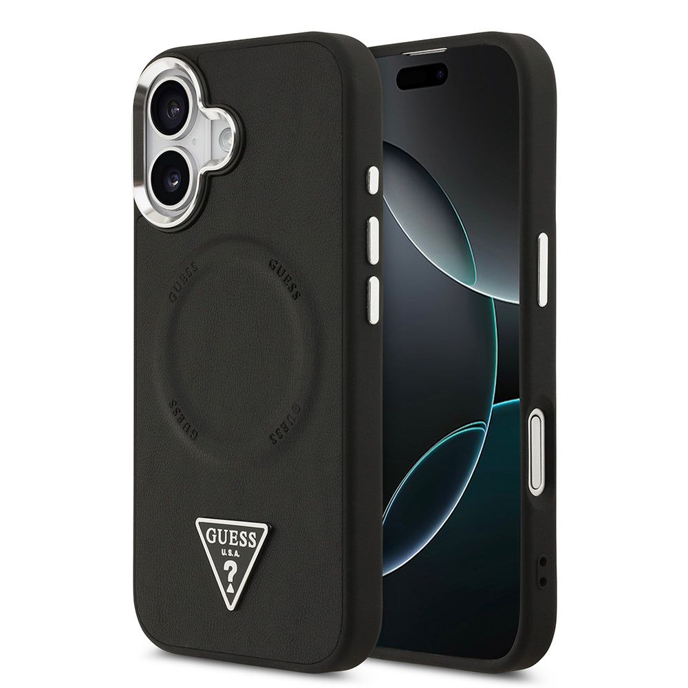 iPhone 17 Kılıf Guess Orijinal Lisanslı M-safe Şarj Özellikli PU Deri Metal Kamera Çerçeveli Üçgen Logolu Kılıf