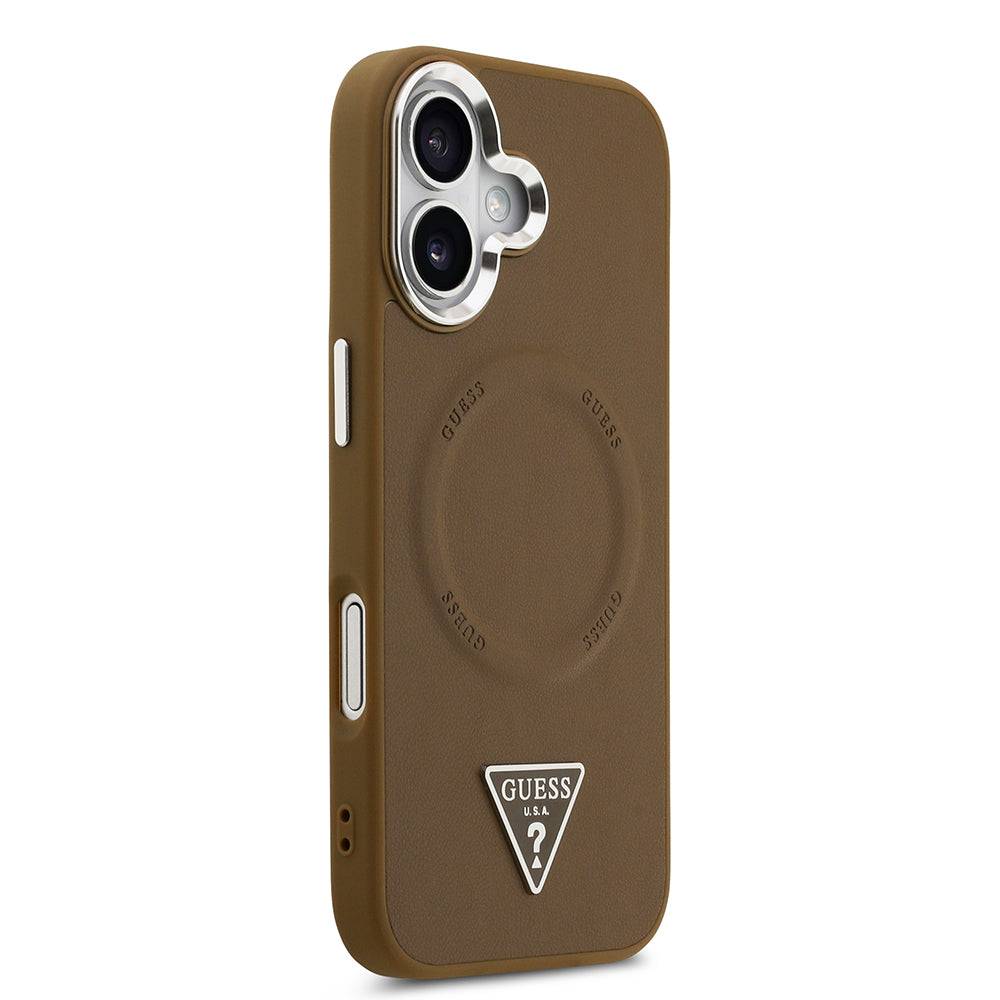 iPhone 17 Kılıf Guess Orijinal Lisanslı M-safe Şarj Özellikli PU Deri Metal Kamera Çerçeveli Üçgen Logolu Kılıf