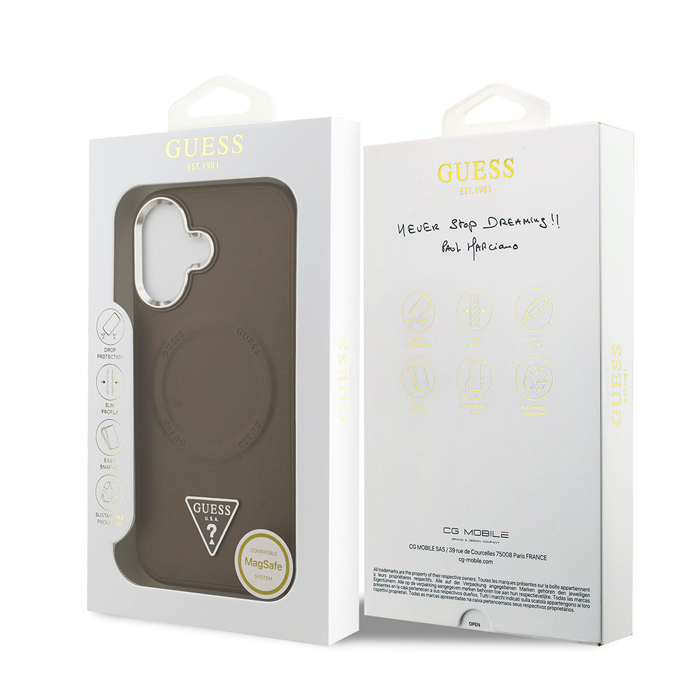 iPhone 17 Kılıf Guess Orijinal Lisanslı M-safe Şarj Özellikli PU Deri Metal Kamera Çerçeveli Üçgen Logolu Kılıf