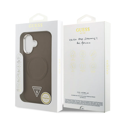 iPhone 17 Kılıf Guess Orijinal Lisanslı M-safe Şarj Özellikli PU Deri Metal Kamera Çerçeveli Üçgen Logolu Kılıf