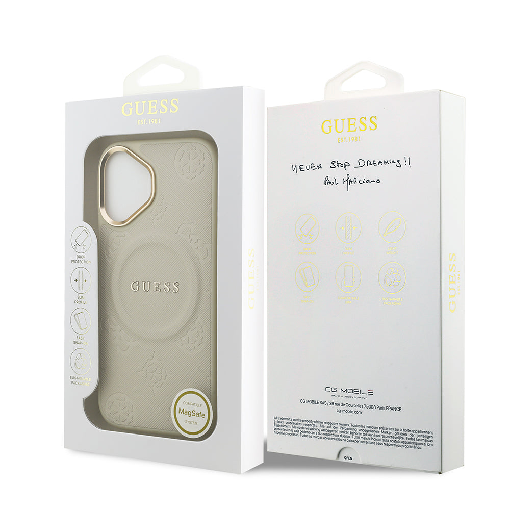 iPhone 17 Kılıf Guess Orijinal Lisanslı M-safe Şarj Özellikli Sıcak Baskılı Yazı Logolu PU Deri Peony Kılıf