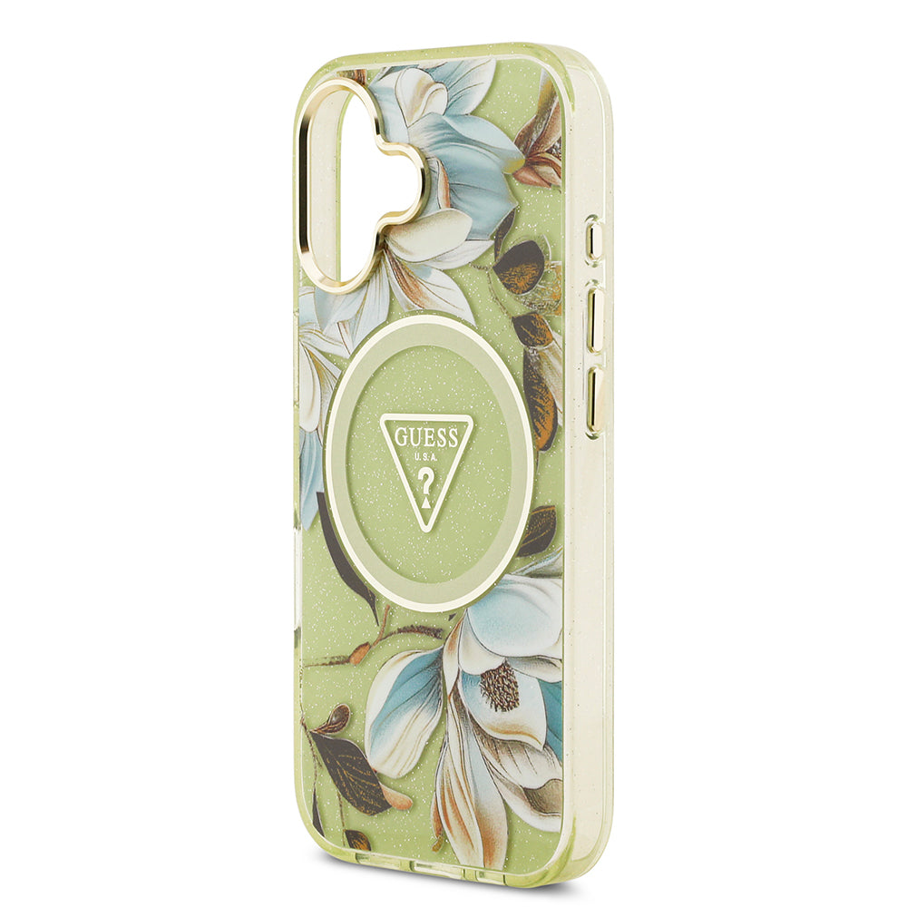 iPhone 17 Kılıf Guess Orijinal Lisanslı M-safe Şarj Özellikli Simli Çiçek Desenli Metal Kamera Çerçeveli Üçgen Logolu Kılıf