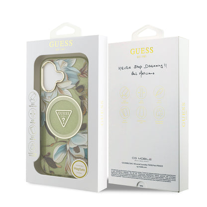 iPhone 17 Kılıf Guess Orijinal Lisanslı M-safe Şarj Özellikli Simli Çiçek Desenli Metal Kamera Çerçeveli Üçgen Logolu Kılıf