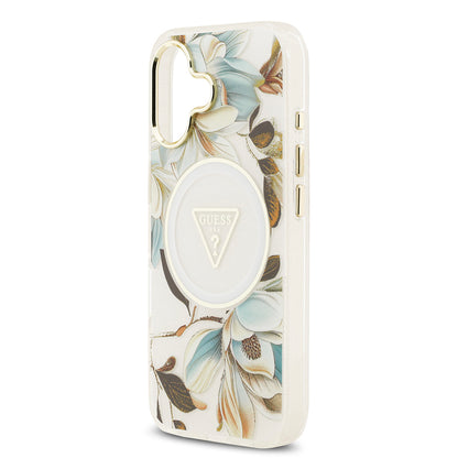 iPhone 17 Kılıf Guess Orijinal Lisanslı M-safe Şarj Özellikli Simli Çiçek Desenli Metal Kamera Çerçeveli Üçgen Logolu Kılıf