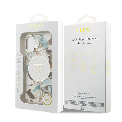 iPhone 17 Kılıf Guess Orijinal Lisanslı M-safe Şarj Özellikli Simli Çiçek Desenli Metal Kamera Çerçeveli Üçgen Logolu Kılıf