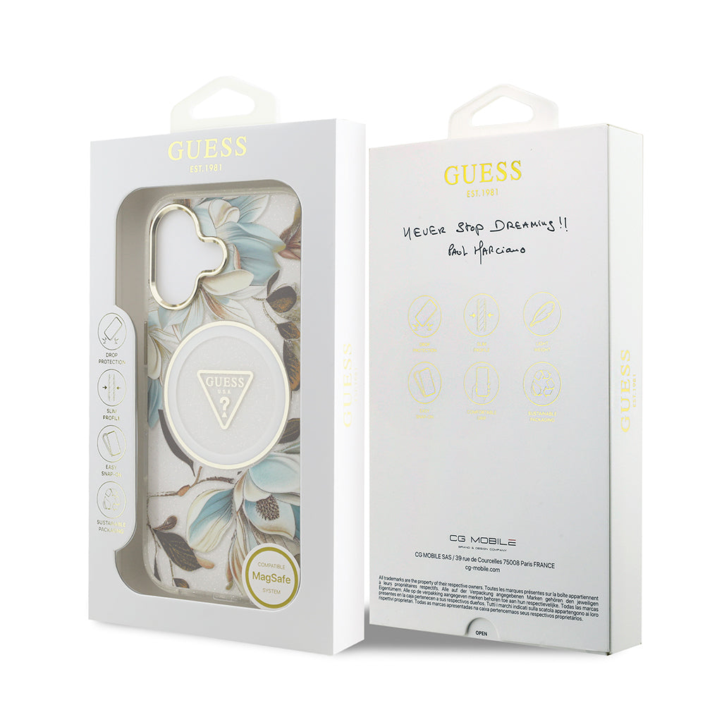 iPhone 17 Kılıf Guess Orijinal Lisanslı M-safe Şarj Özellikli Simli Çiçek Desenli Metal Kamera Çerçeveli Üçgen Logolu Kılıf