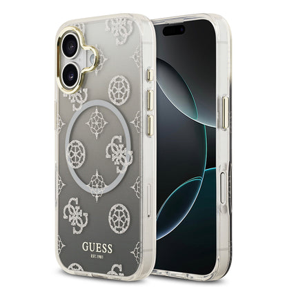 iPhone 17 Kılıf Guess Orijinal Lisanslı M-safe Şarj Özellikli Simli Peony Desenli Silikon Kılıf