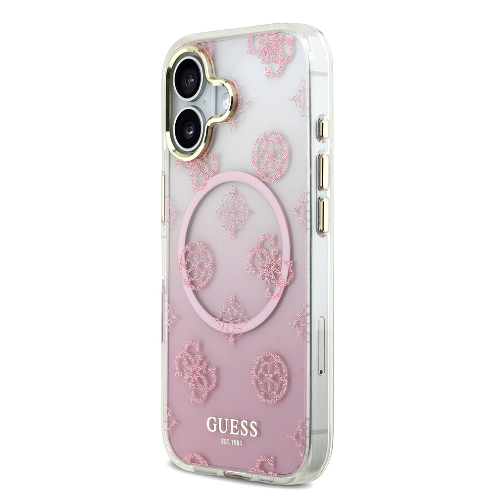 iPhone 17 Kılıf Guess Orijinal Lisanslı M-safe Şarj Özellikli Simli Peony Desenli Silikon Kılıf