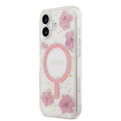 iPhone 17 Kılıf Guess Orijinal Lisanslı M-safe Şarj Özellikli Transparan Resin Flowers Kılıf