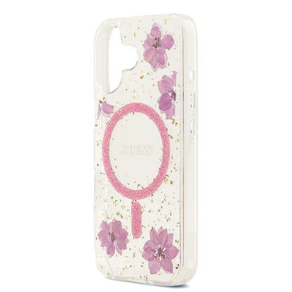iPhone 17 Kılıf Guess Orijinal Lisanslı M-safe Şarj Özellikli Transparan Resin Flowers Kılıf