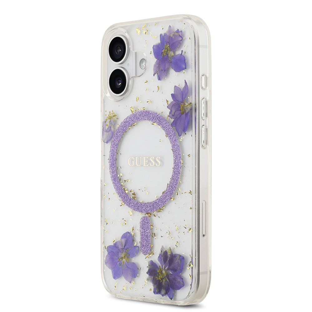 iPhone 17 Kılıf Guess Orijinal Lisanslı M-safe Şarj Özellikli Transparan Resin Flowers Kılıf