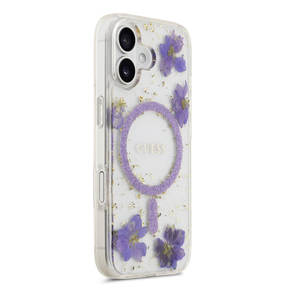 iPhone 17 Kılıf Guess Orijinal Lisanslı M-safe Şarj Özellikli Transparan Resin Flowers Kılıf