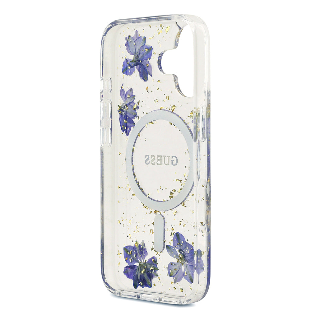 iPhone 17 Kılıf Guess Orijinal Lisanslı M-safe Şarj Özellikli Transparan Resin Flowers Kılıf