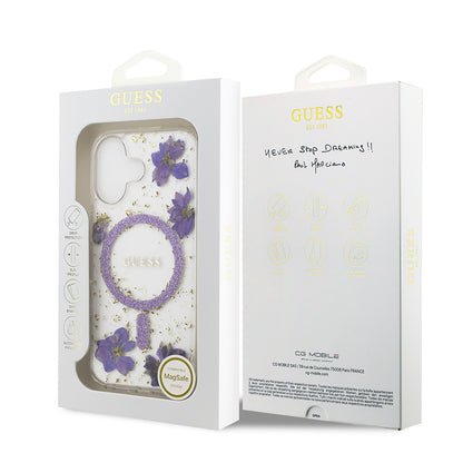 iPhone 17 Kılıf Guess Orijinal Lisanslı M-safe Şarj Özellikli Transparan Resin Flowers Kılıf