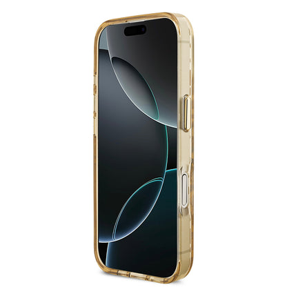 iPhone 17 Kılıf Guess Orijinal Lisanslı M-safe Şarj Özellikli Üçgen Logolu Simli Leopar Desenli Kılıf