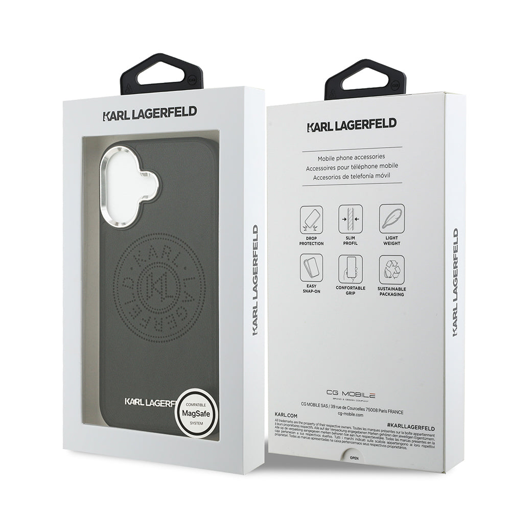 iPhone 17 Kılıf Karl Lagerfeld Orijinal Lisanslı M-safe Şarj Özellikli Delikli Tasarım Metal Logolu PU Deri Kılıf