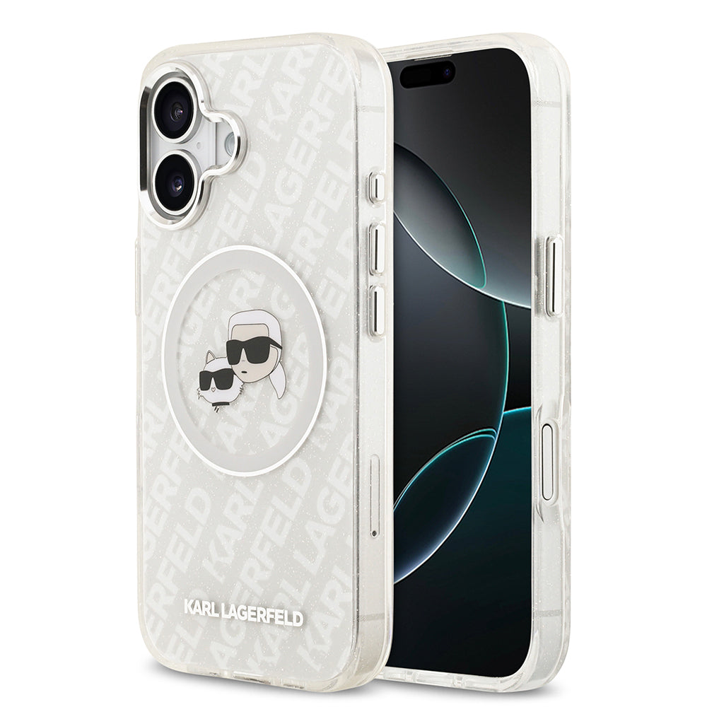 iPhone 17 Kılıf Karl Lagerfeld Orijinal Lisanslı Parlayan Simli Karl & Choupette Heads Kılıf