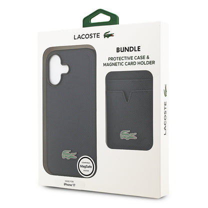 iPhone 17 Kılıf Lacoste Orijinal Lisanslı M-safe Şarj Özellikli PU Pike Desenli Metal Logolu Kartlıklı Kılıf