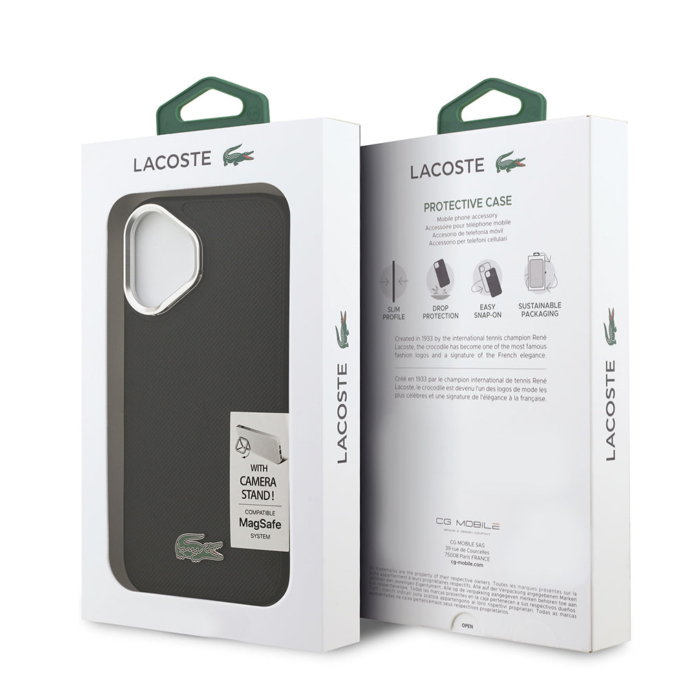 iPhone 17 Kılıf Lacoste Orijinal Lisanslı M-safe Şarj Özellikli PU Pike Desenli Standlı Metal Logolu Kılıf