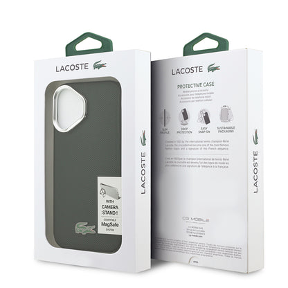 iPhone 17 Kılıf Lacoste Orijinal Lisanslı M-safe Şarj Özellikli PU Pike Desenli Standlı Metal Logolu Kılıf